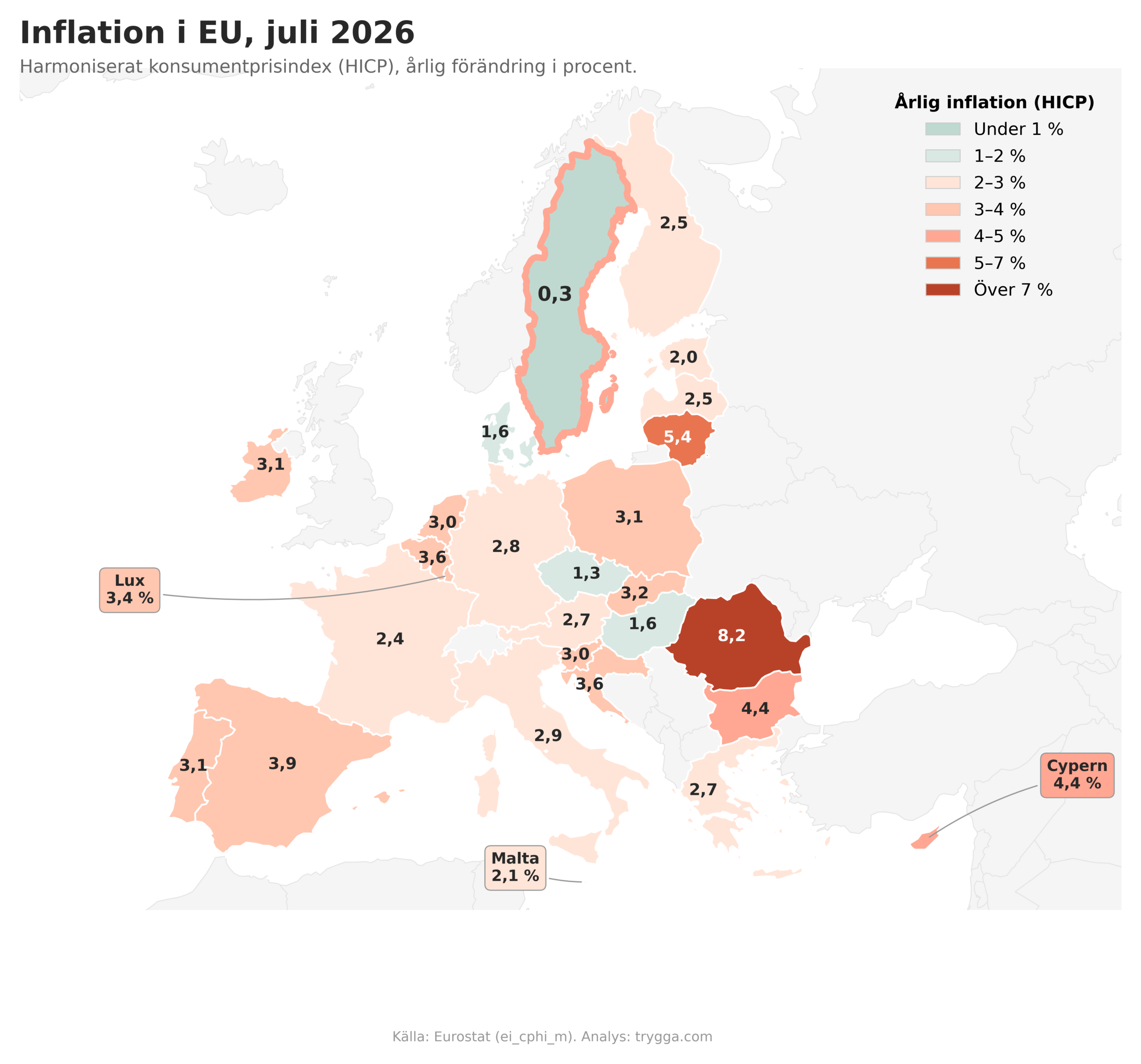 Inflation i EU juli 2026 karta